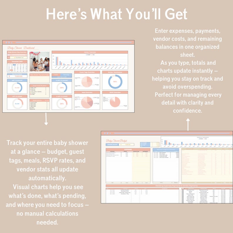 Pastel Baby Shower Planner in Google Sheets with 13 tabs: budget, guest list, seating plan, vendor & gift trackers.
