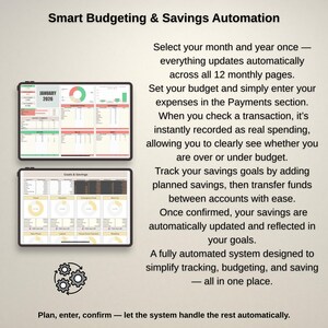 Rules and automation panels, savings goal progress and monthly budgets, savings tracker spreadsheet and auto transfers
