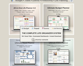 Ultieme digitale plannerbundel Google Spreadsheets Budgetplanner Levensplanner Reisplanner Evenementenplanner Volledig geautomatiseerd dashboard Slimme tabbladen