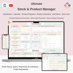 Seguimiento de inventario de Google Sheets / Hoja de cálculo de gestión de existencias / Calendario del panel de inventario / Plantilla de inventario de productos