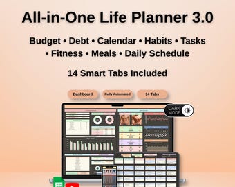 Life Planner Google Sheets Dark Mode Digital Budget Planner Habit Tracker Meal Planner Fitness Tracker Daily Schedule Task Planner
