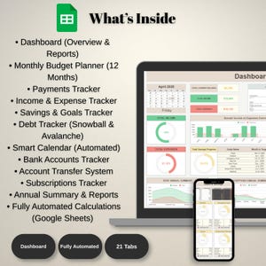 Green header What's Inside list, bullet features and smartphone preview, google sheets budget template details