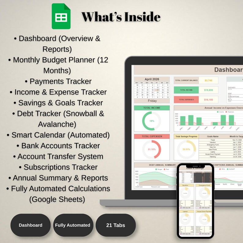 Green header What's Inside list, bullet features and smartphone preview, google sheets budget template details