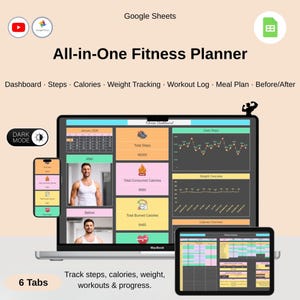 Fitness Tracker Google Sheets Template Dark Mode Workout, Weight, Meal Log