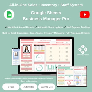 Google Sheets Sales & Inventory Tracker | Small Business Manager Spreadsheet | Staff Payroll Dashboard Template