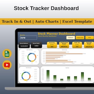 Pode incluir: Um ecrã de computador portátil exibe um painel de controlo de rastreamento de estoque. A interface inclui gráficos e campos de dados para rastrear a entrada de estoque, os valores de compra e as vendas. O título "Stock Planner Dashboard" é visível.