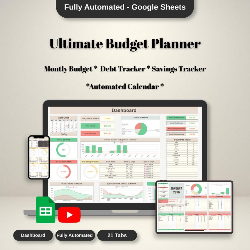 Beige dashboard mockup on desktop, tablet, and phone showing an all in one budget planner google sheets with charts