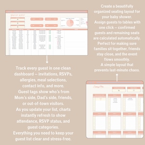 Pastel Baby Shower Planner in Google Sheets with 13 tabs: budget, guest list, seating plan, vendor & gift trackers.
