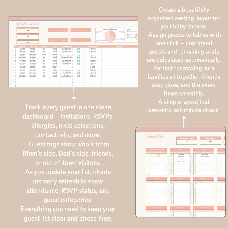 Pastel Baby Shower Planner in Google Sheets with 13 tabs: budget, guest list, seating plan, vendor & gift trackers.