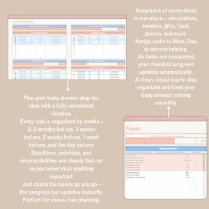 Pastel Baby Shower Planner in Google Sheets with 13 tabs: budget, guest list, seating plan, vendor & gift trackers.