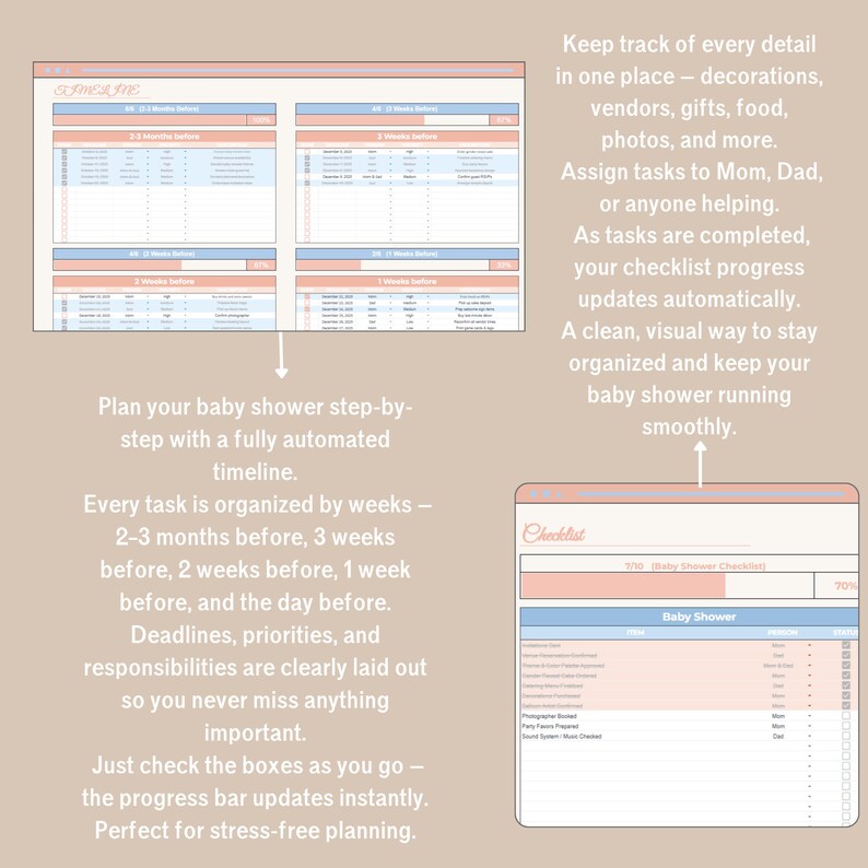 Pastel Baby Shower Planner in Google Sheets with 13 tabs: budget, guest list, seating plan, vendor & gift trackers.