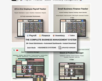 Alles-in-één bundel voor bedrijfsbeheer Dark Mode Payroll Tracker Finance Tracker Verkoopvoorraadmanager Google Spreadsheets Business-dashboard