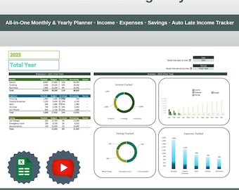 Excel-budgetplanner | Maandelijkse en jaarlijkse tracker · Inkomsten · Uitgaven · Besparingen · Slimme functie voor late inkomsten