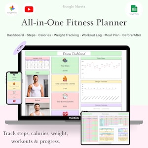 Rastreador de actividad física Hojas de cálculo de Google Planificador de entrenamiento Hoja de cálculo Seguimiento de ejercicios y pérdida de peso Plantilla de progreso antes y después
