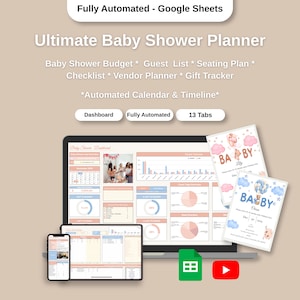 Puede incluir: Un planificador digital de baby shower que se muestra en una computadora portátil, una tableta y un teléfono. El planificador incluye secciones para presupuesto, lista de invitados, plano de asientos y más. También se ven dos invitaciones de baby shower. El texto dice "Ultimate Baby Shower Planner."