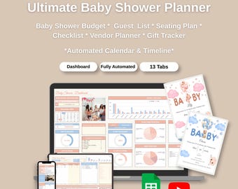 Organizzatore di baby shower Fogli Google Modello per baby shower Budget Lista degli invitati Cronologia Disposizione dei posti a sedere Tracker dei fornitori di musica 13 schede Smart Planner