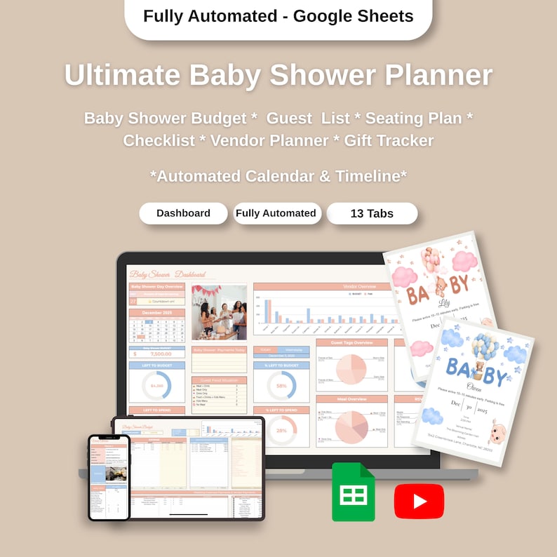 Pastel Baby Shower Planner in Google Sheets with 13 tabs: budget, guest list, seating plan, vendor & gift trackers.