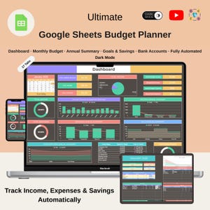 Pianificatore di budget Fogli Google / Monitoraggio mensile e annuale / Grafici automatici Obiettivi di risparmio Modalità scura