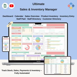 Google Sheets Sales Tracker, Small Business Dashboard, Inventory and Commission Report