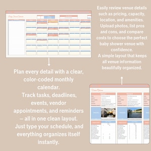 Pastel Baby Shower Planner in Google Sheets with 13 tabs: budget, guest list, seating plan, vendor & gift trackers.