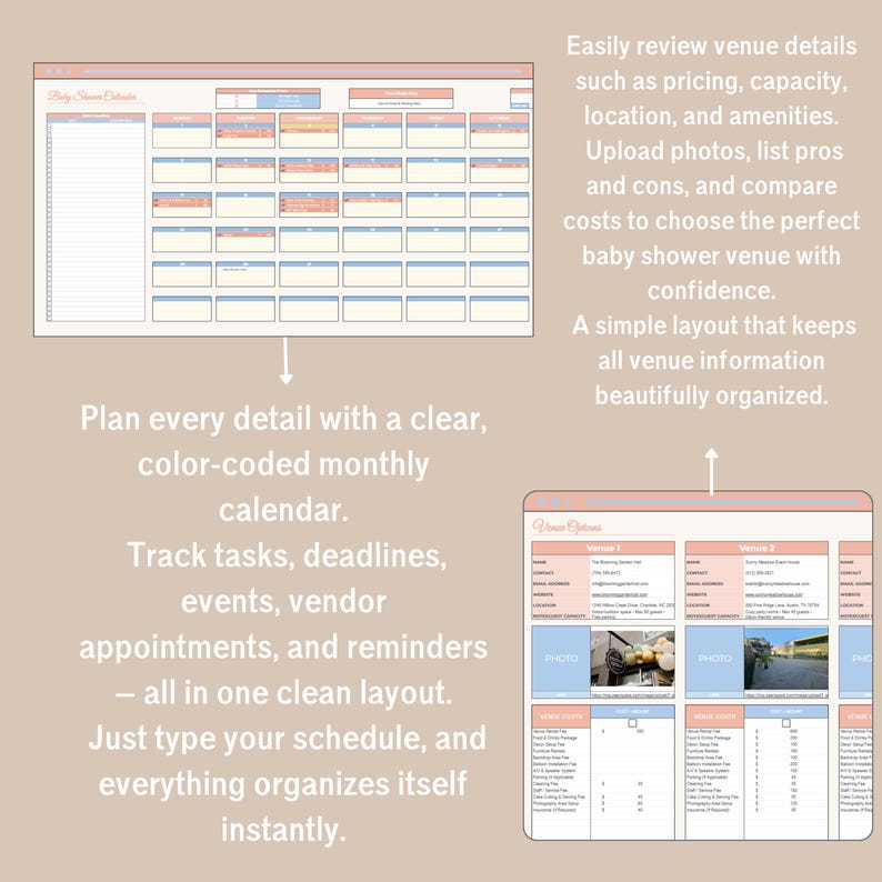 Pastel Baby Shower Planner in Google Sheets with 13 tabs: budget, guest list, seating plan, vendor & gift trackers.