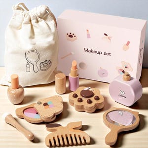 Wooden Makeup Toy Set for Girls, Pretend Play Princess Kit, Solid Wood Beauty Playset, Educational Gift Ages 3–6