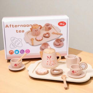 Wooden Kids Tea Set, Pretend Play Afternoon Tea Dessert & Teapot Toy, Montessori Kitchen Tableware Set for Toddlers