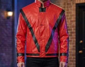 Chaqueta de cuero roja para hombre estilo MJ Thriller: un icónico atuendo de estrella del pop de los 80.