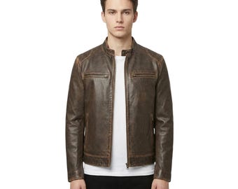 Men Brown Leather Distressed Cafe Racer Real Biker Jacket: Motorcycle Vintage Style Jacket