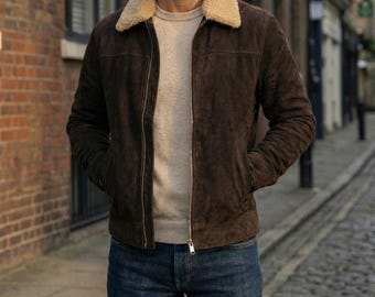 Men’s Shearling Collar Brown Suede Leather Jacket: Rick Grimes Inspired Winter Jacket