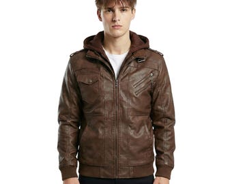 Men’s Brown Leather Hooded Bomber Jacket with Removable Hood