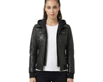 Chaqueta de motociclista de cuero negro con capucha para mujer: Chaqueta de motociclista para mujer con capucha extraíble