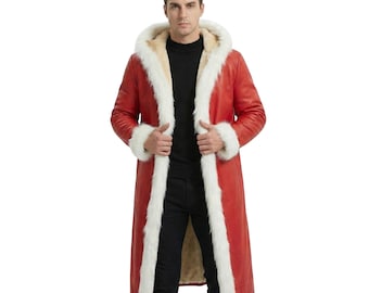 Abrigo rojo de Papá Noel para hombre: Abrigo largo con ribete de piel sintética, forro de borreguillo y piel sintética.