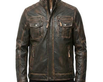 Men’s Distressed Brown Leather Biker Jacket: Vintage Style Cafe Racer Motorcycle Jacket