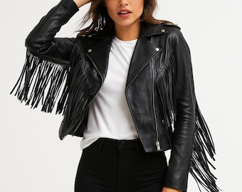 Women’s Black Fringe Leather Biker Jacket: Western Style Tassel Sleeve Motorcycle Jacket