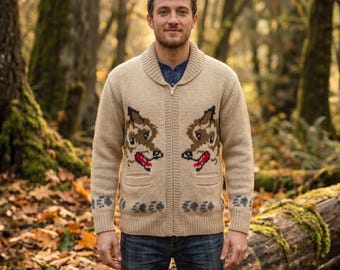 Men’s Vintage Fox Knit Cardigan: Retro 1950s Style Chunky Wool Blend Sweater
