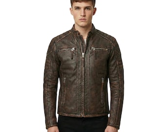 Men’s Distressed Brown Genuine Leather Biker Jacket: Vintage Style Motorcycle Jacket
