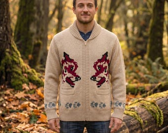 Męski sweter kardigan Vintage Wolf Knit: sweter z grubej wełny w stylu retro z lat 50.