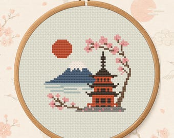 Fuji Pagoda Cross Stitch Pattern PDF - Japan Travel Design Digital Download