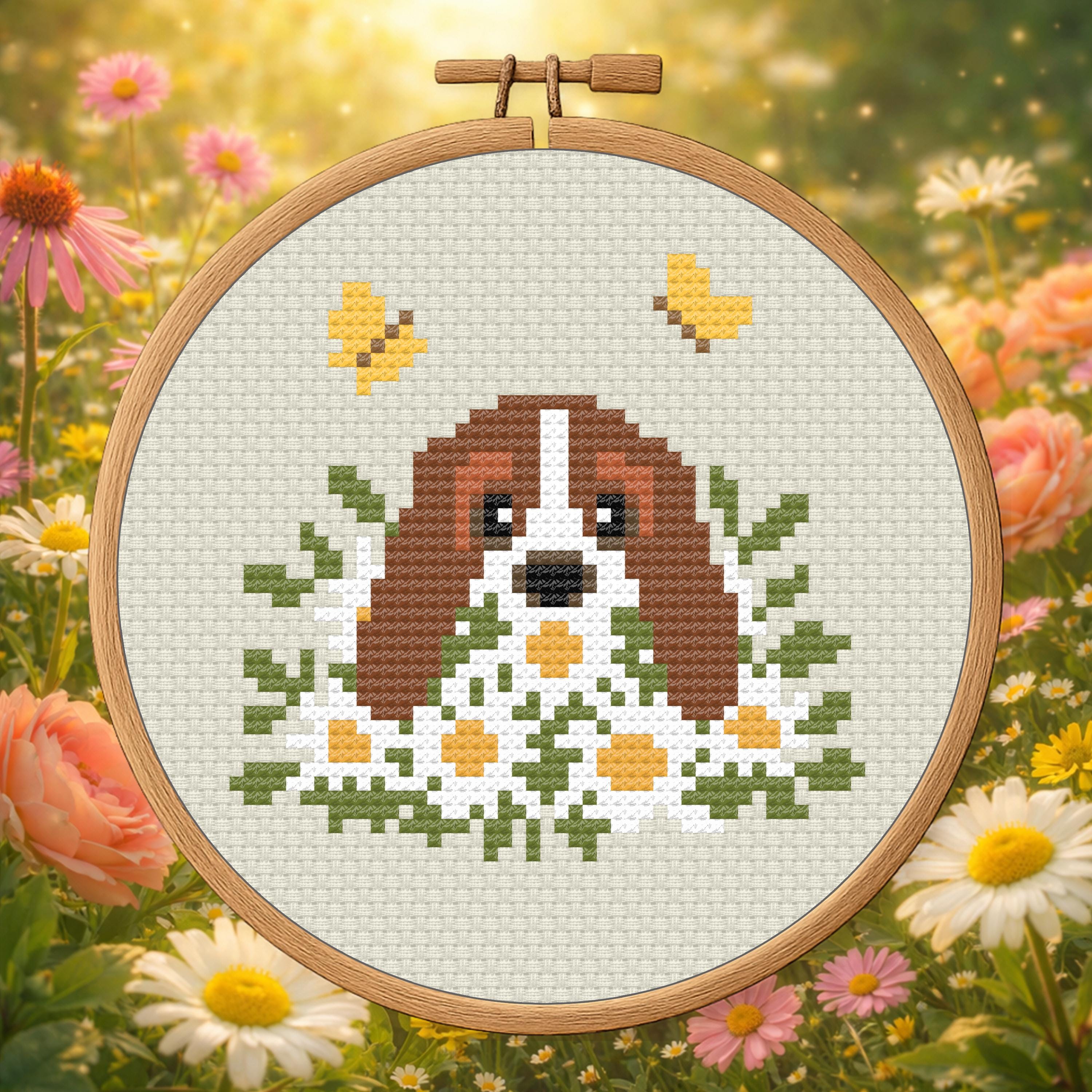 Basset in a Daisy Pile – Spring Dog Cross Stitch Pattern PDF cross-stitch pattern preview