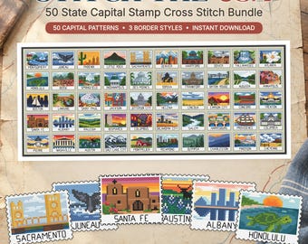 50 State Capital Postage Stamp Cross Stitch Pattern Bundle: Stitch the USA Capitals! (PDF Instant Digital Download)