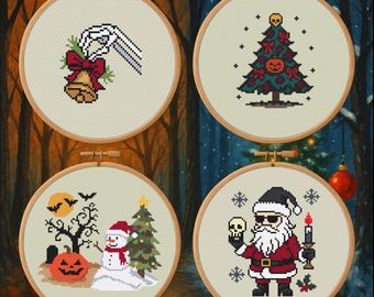 Puede incluir: Cuatro aros de bordado de punto de cruz con temas de Halloween y Navidad. Los diseños incluyen una mano de esqueleto con campanas, un árbol de Navidad con una calabaza, un muñeco de nieve y Papá Noel sosteniendo una calavera.
