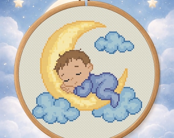 Slapende jongen – baby op maan kruissteekpatroon pdf – kinderkamerdroomontwerp – digitale download