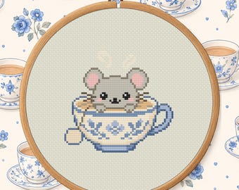 Tea Mouse Cross Stitch Pattern PDF - Cute Food Animal Mini Digital Download
