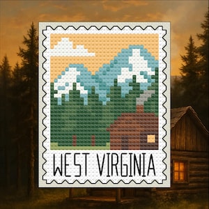 May include: A cross-stitch design featuring a mountain landscape with a cabin and the text "WEST VIRGINIA" in a white frame. The mountains are blue and white, the cabin is brown, and the sky is yellow.