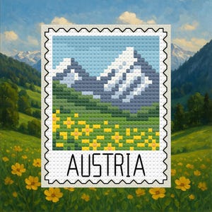 May include: A cross-stitch image of an Austrian mountain scene, featuring snow-covered peaks, a blue sky, and yellow flowers, framed as a postage stamp. The word "AUSTRIA" is printed in a bold, sans-serif font at the bottom.