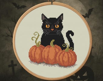 Halloween-kat met pompoenen – pdf-patroon met Halloween-kruissteekpatroon – digitale download