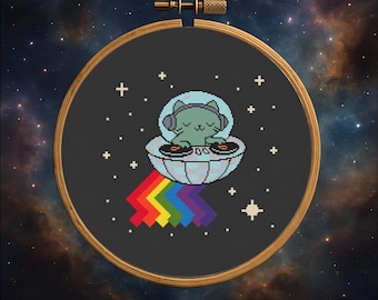 Alien Cat DJ – Summer Cross Stitch Pattern PDF – Digital Download