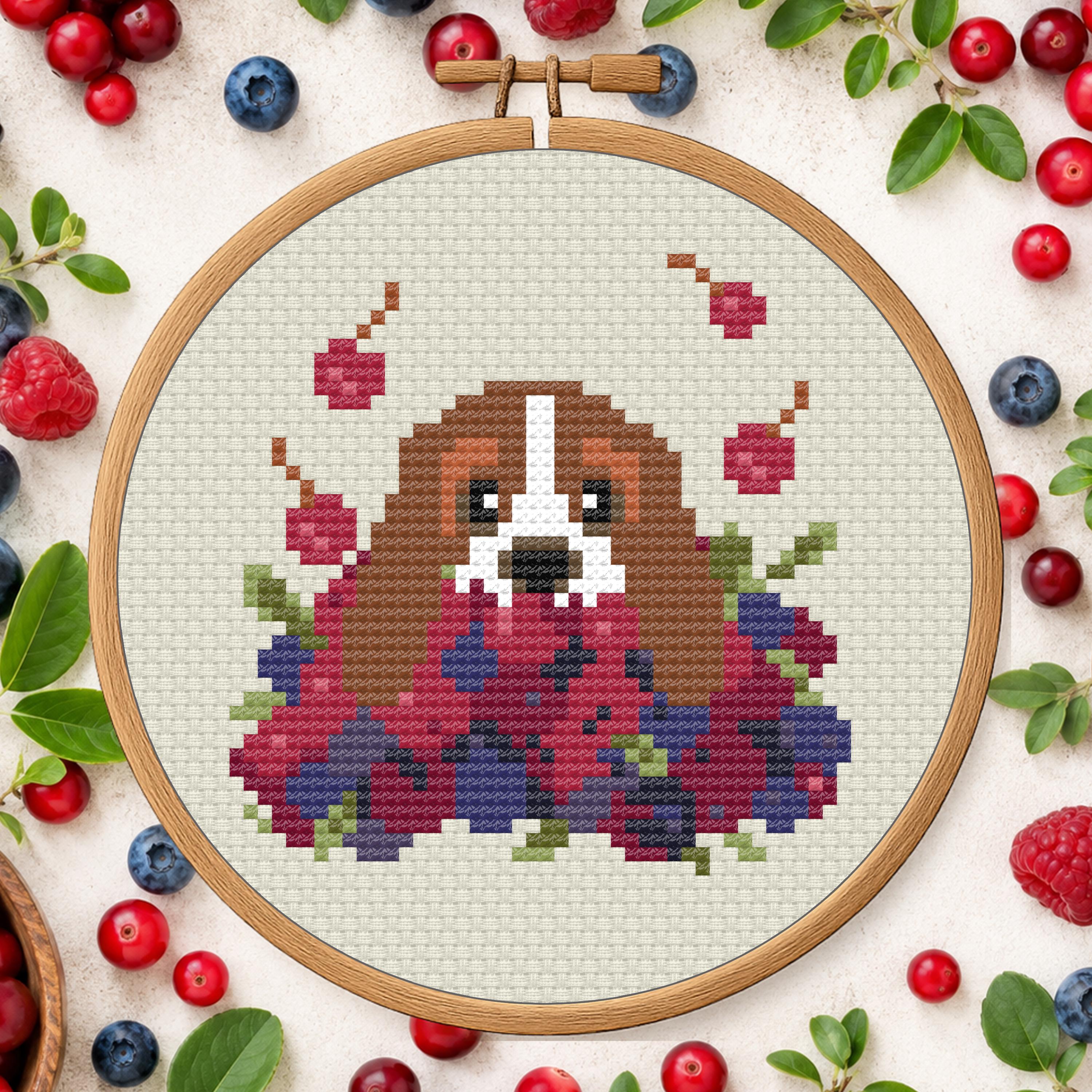 Basset in a Berry Pile Cross Stitch Pattern: Summer Bassett Hound cross-stitch pattern preview