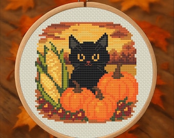Golden Harvest Cat – Autumn Black Cat Cross Stitch Pattern PDF – Digital Download